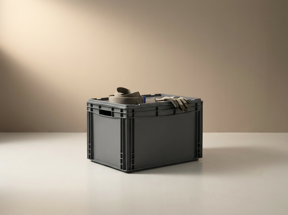 A gray plastic storage bin with a rolled-up brown strap, work gloves, and a utility knife on top, placed on a surface against a beige wall under diffused lighting.