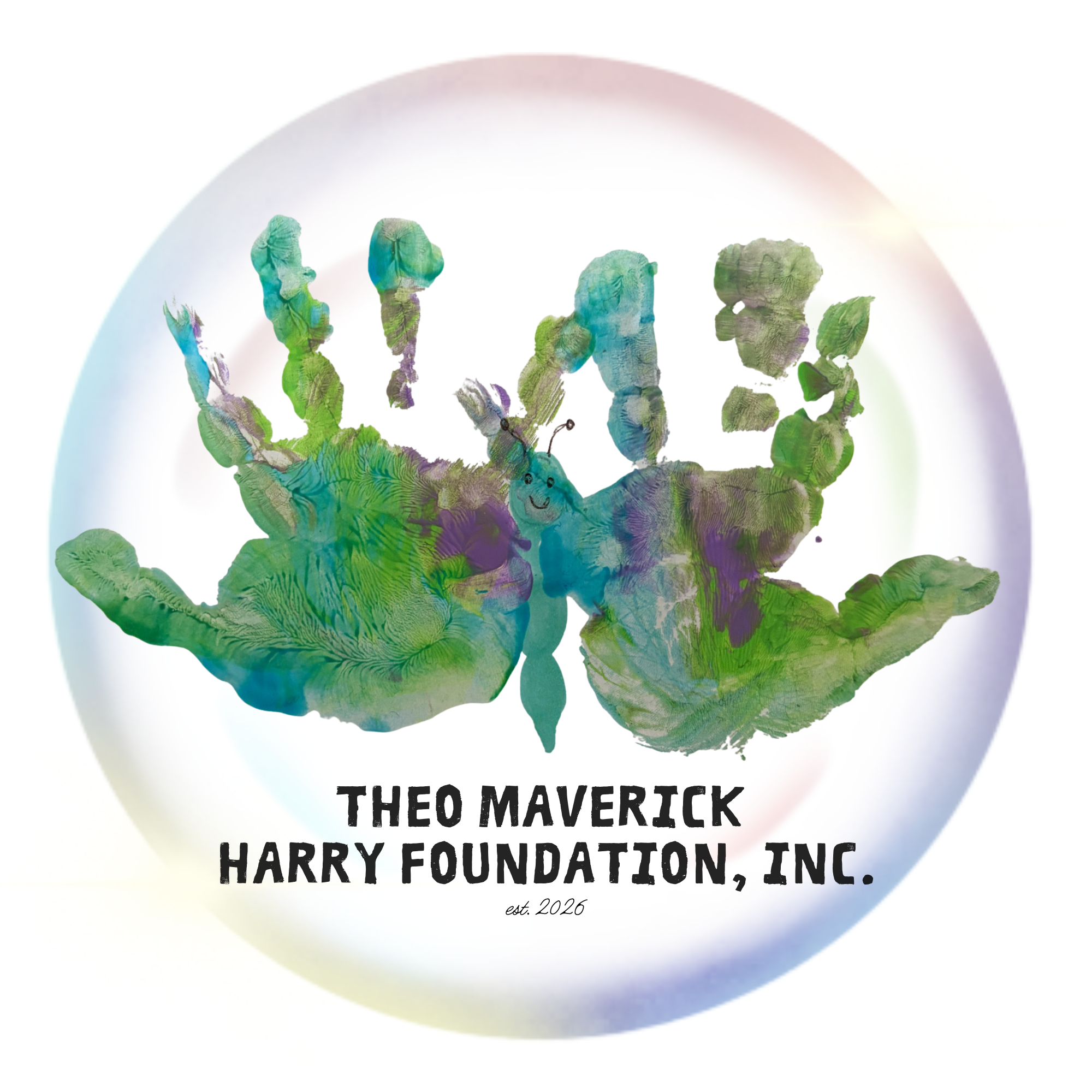 A child's hands in the shape of a butterfly with Title Theo Maverick Harry Foundation, Inc. est 2026 underneath the image