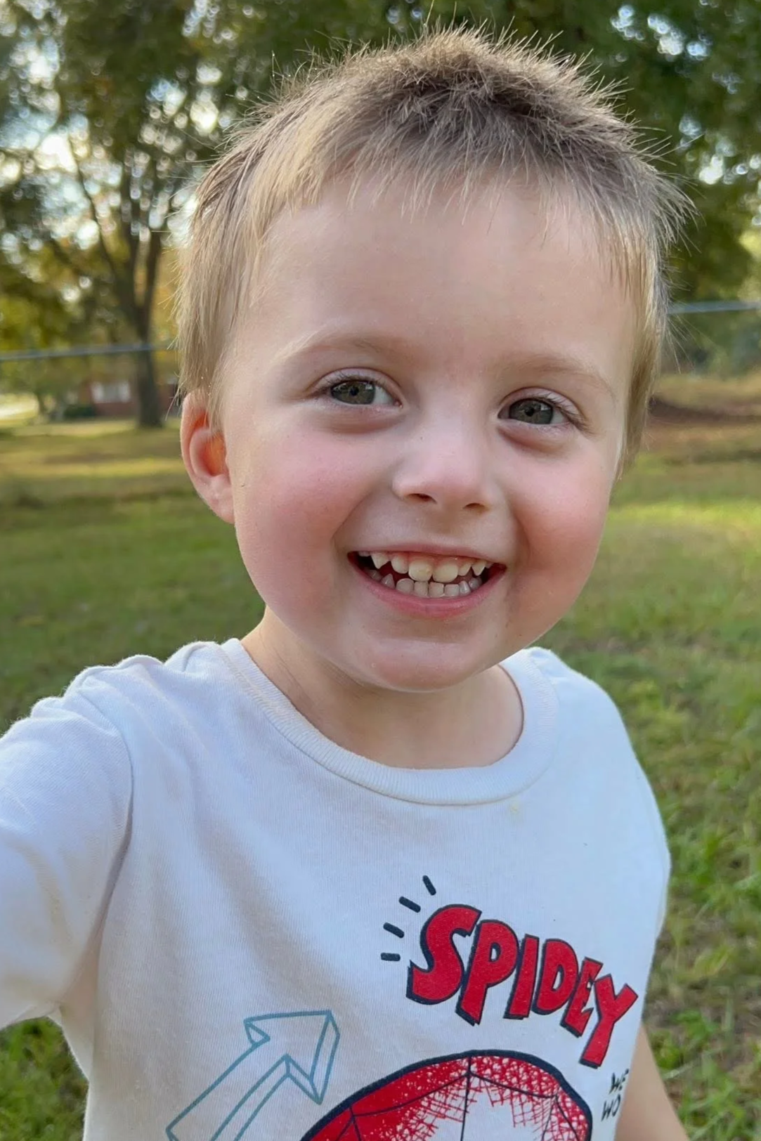 A young boy smiling outdoors in a park, wearing a white Spiderman T-shirt, with trees and grass in the background.
