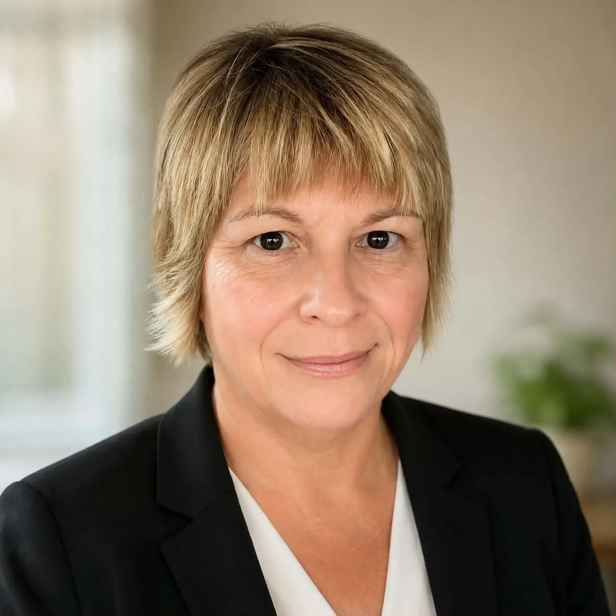 Headshot of woman with short blonde hair, wearing a black blazer and white top, smiling in a professional setting.
