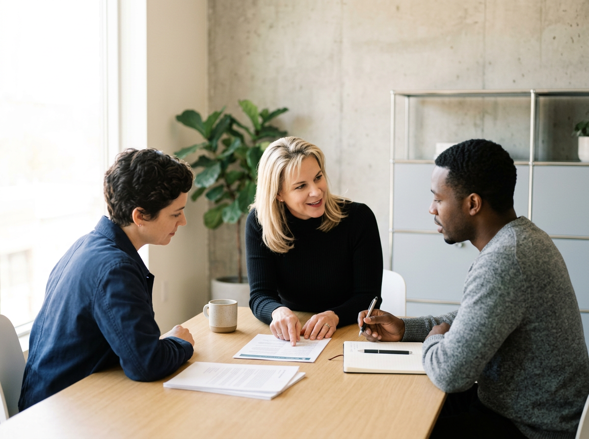 Three people having a conversation at a meeting table with documents, a notebook, and a mug.