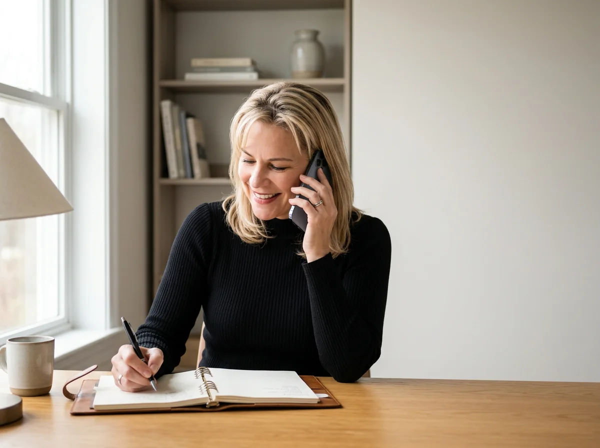 Woman sitting at a desk, talking on the phone, writing in a notebook, in a bright room with a window and bookshelf in the background.