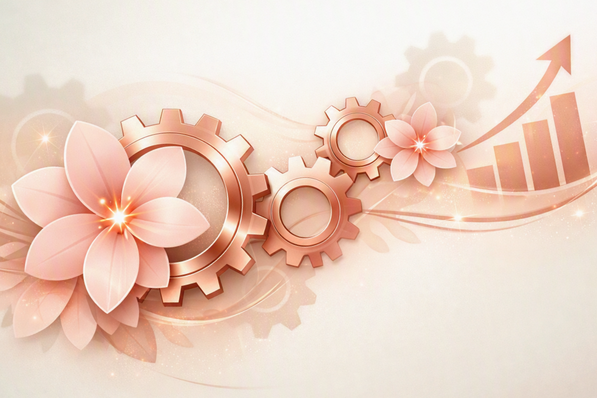 Abstract illustration with pink gears, pink flowers, and an upward trending arrow, symbolizing growth and progress.
