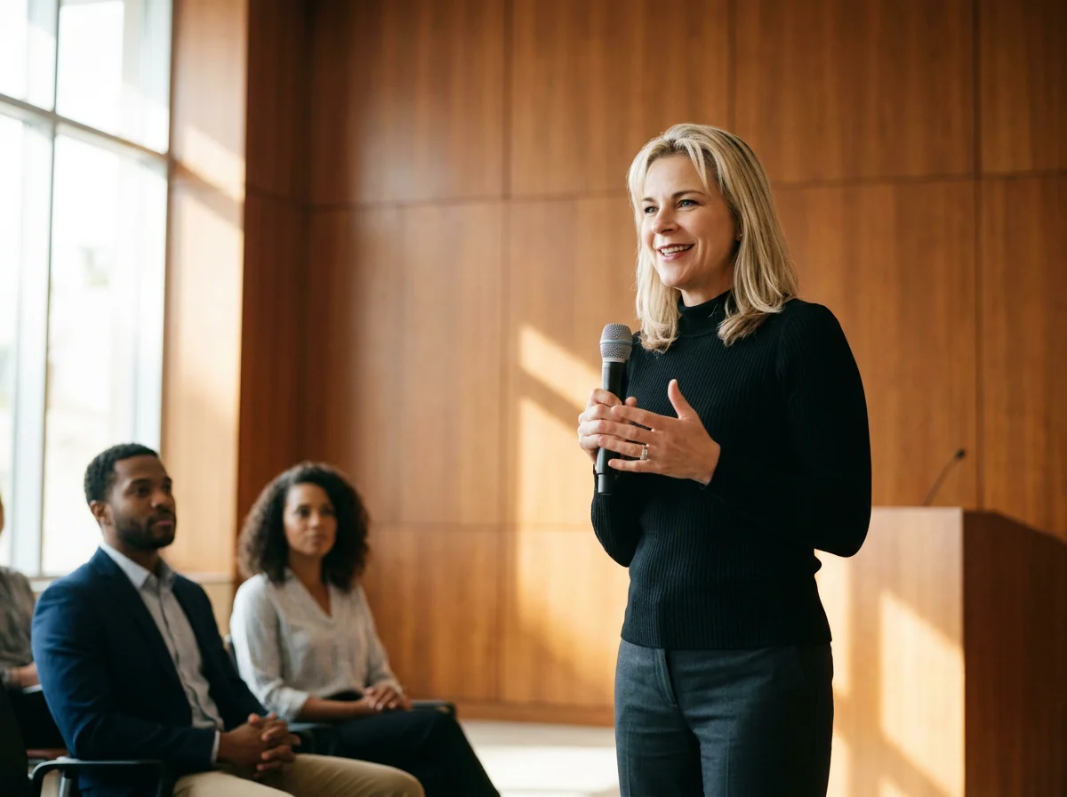 A woman speaking into a microphone during a presentation or speech in a conference room with wooden walls. Several people seated and listening attentively.