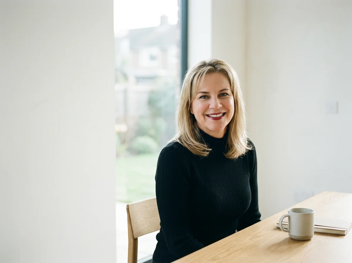 A woman with blonde hair, wearing a black turtleneck, smiling and sitting at a wooden table with a coffee mug and a closed book, near a window with a view of a garden.