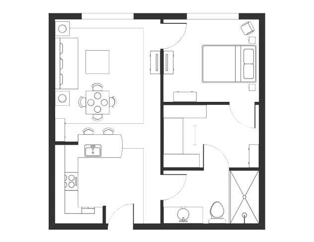 Floor plan of a one-bedroom apartment with a living room, kitchen, dining area, bedroom, bathroom, and closet.
