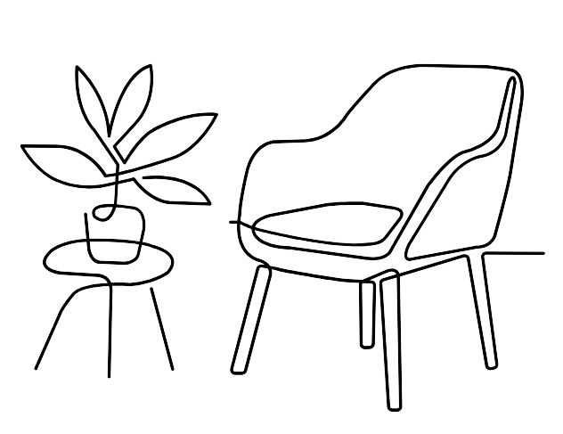 Line drawing of a potted plant with large leaves and a lounge chair with armrests.