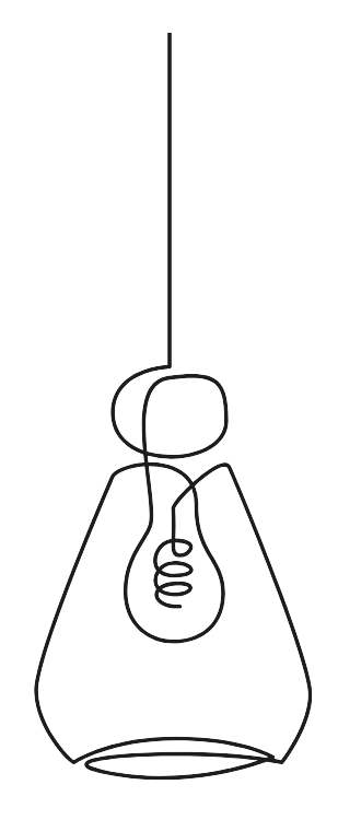 Outline sketch of a hanging pendant light fixture with a light bulb inside.