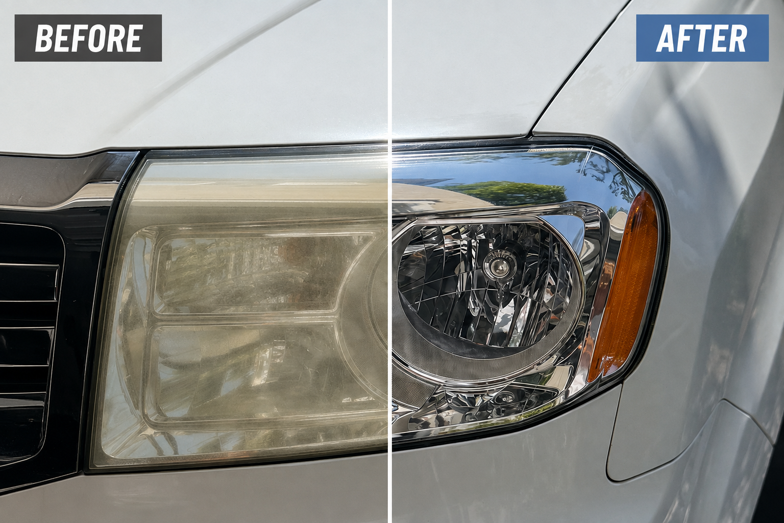 Comparison image showing a car's headlight before and after cleaning, with the left side labeled "BEFORE" and the right side labeled "AFTER."