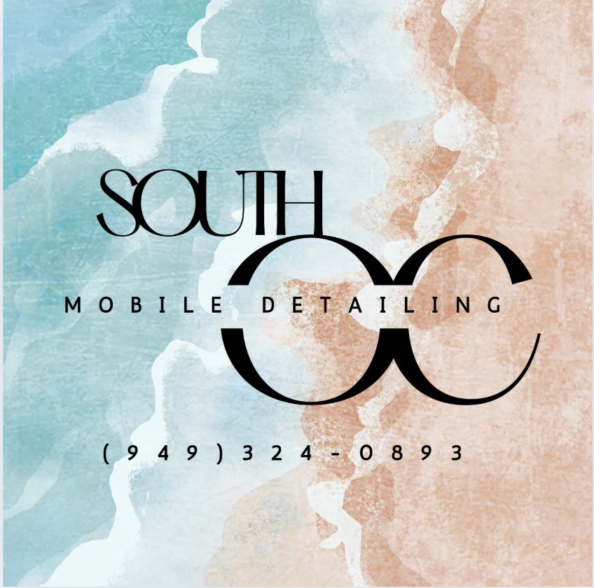 Business card for South OC Mobile Detailing with contact number 949-324-0893, featuring a pastel abstract background and modern typography.