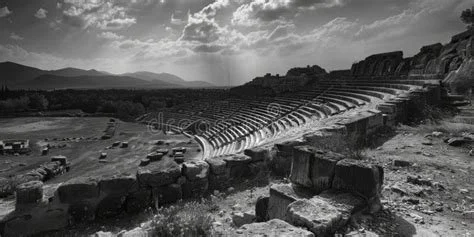 Ancient amphitheater ruins overlooking a valley with mountains in the distance, under a cloudy sky.