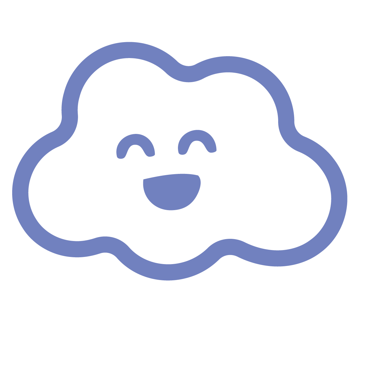 Innate Play Therapy Smiling cloud character outlined in blue with closed eyes and a happy expression.