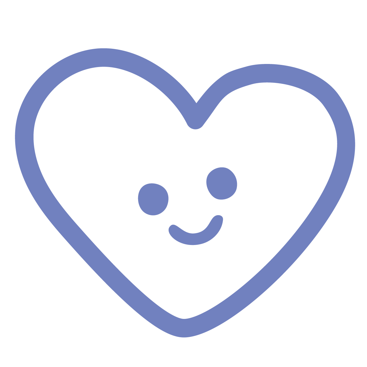 An innate play heart-shaped outline with a smiling face, two eyes, and a small mouth, drawn in a blue outline on a black background.
