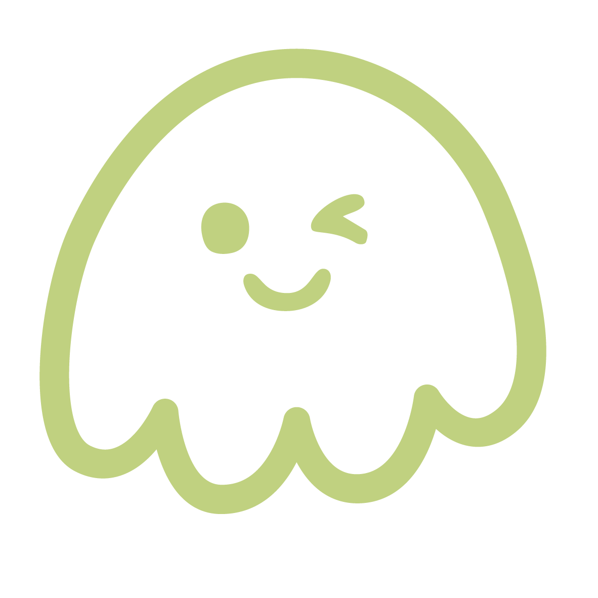 An innate play therapy cute ghost with a winking face, round eyes, and a big smile, outlined in light green.