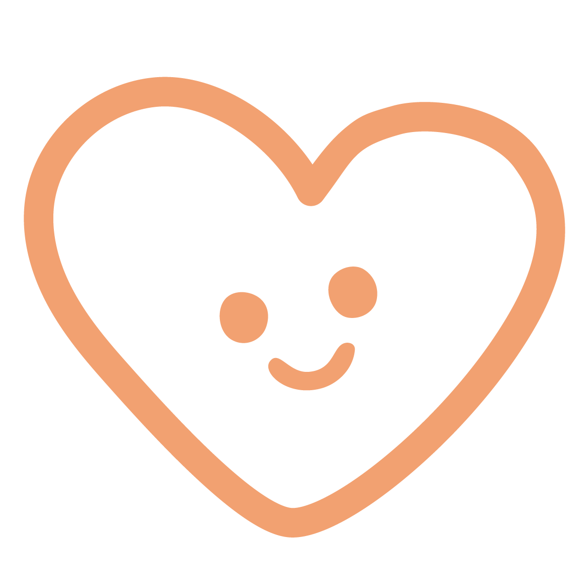 An innate play therapy peach-colored heart with a cute smiling face inside, featuring two dots for eyes and a curved line for a mouth.