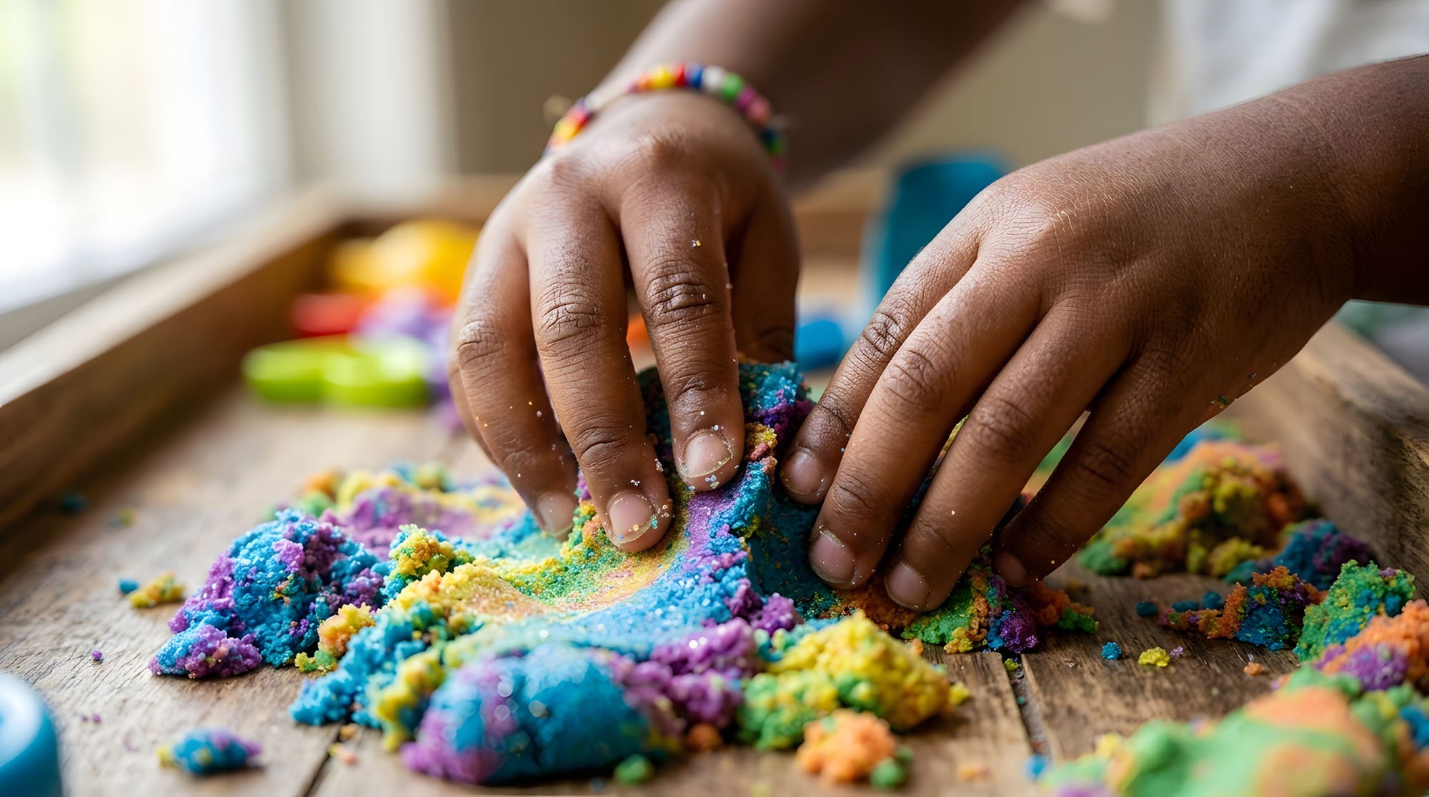 Close-up of two hands kneading colorful kinetic sand on a wooden surface, during a Play therapy sessionwith blurred colorful objects in the background.