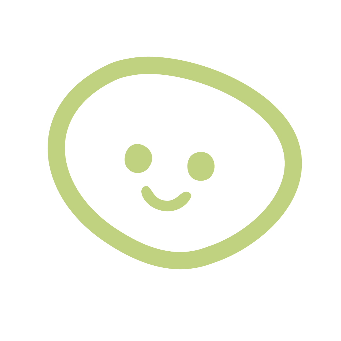 Innate Play Therapy smiling face inside a round shape resembling a potato or a rounded object, drawn with simple lines and a light green color on a black background.
