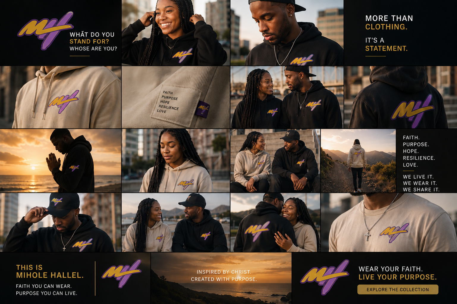 A collage of outdoor scenes featuring a young man and woman wearing black and beige sweatshirts with a purple and yellow logo, and baseball cap, respectively. The images show them smiling, walking, and sitting together during sunset against city and mountain backgrounds. Text overlays include messages about faith, purpose, resilience, and love, with the words 'Wear your faith. Live your purpose.' at the bottom right.