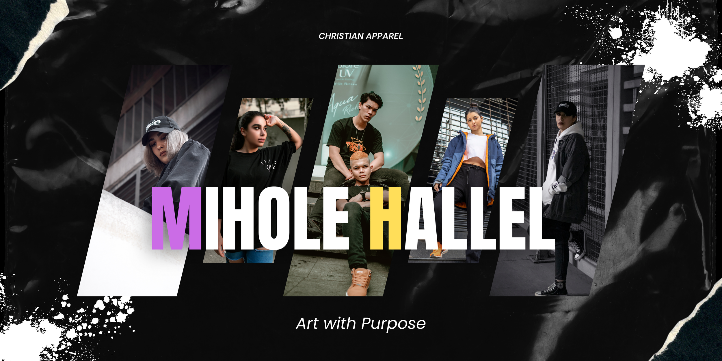 Collage of five diverse models showing streetwear fashion, with the text 'MIHOE HALE' in bold, colorful letters and the phrase 'Art with Purpose' at the bottom.
