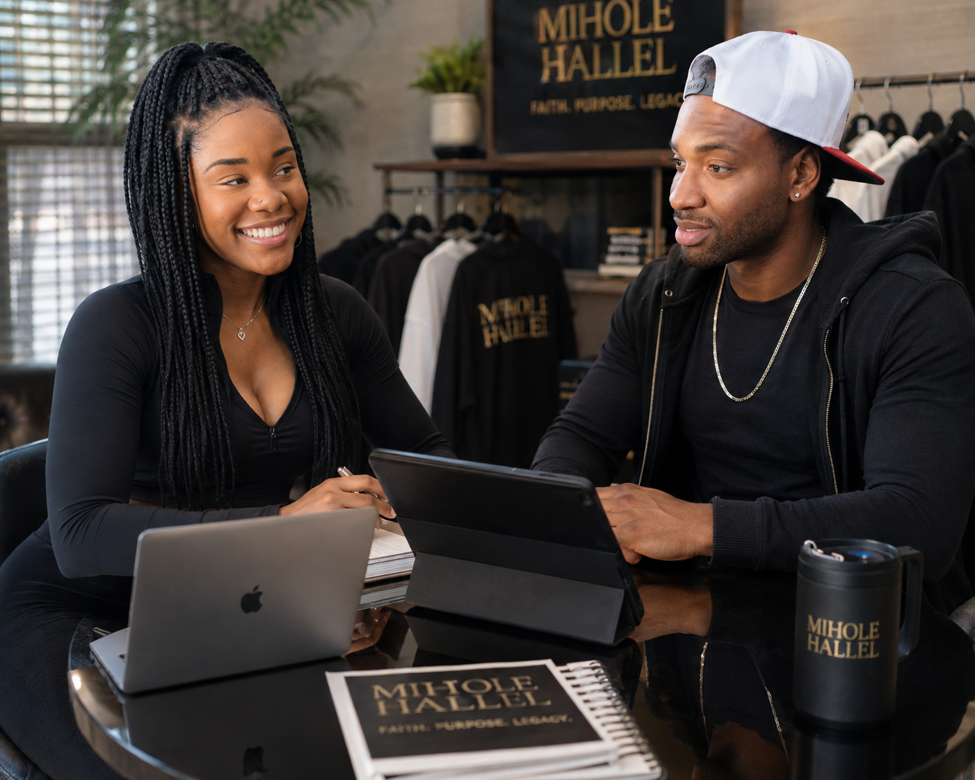A woman and a man sit at a table, smiling and talking. The woman has long, braided hair and is wearing a black zip-up top, a necklace, and has a silver laptop open in front of her. The man is wearing a black hoodie, a white and red cap, and a gold chain, with a tablet and a black mug that says "MIHOLE HALLEL" on the table. The background shows clothing racks and a sign that reads "MIHOLE HALLEL."
