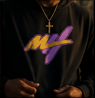 Close-up of a person wearing a black hoodie with a purple and yellow graphic logo, and a gold cross necklace.