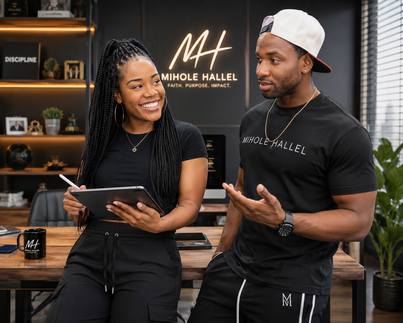 A woman and a man are having a conversation in an office. The woman is holding a tablet and smiling. Both are wearing black shirts with the logo 'MIHOLE HALLEL', and the man is wearing a white and black cap backward. The background features a wall with the 'MIHOLE HALLEL' logo, a bookshelf, and a neon sign that says 'MH'.