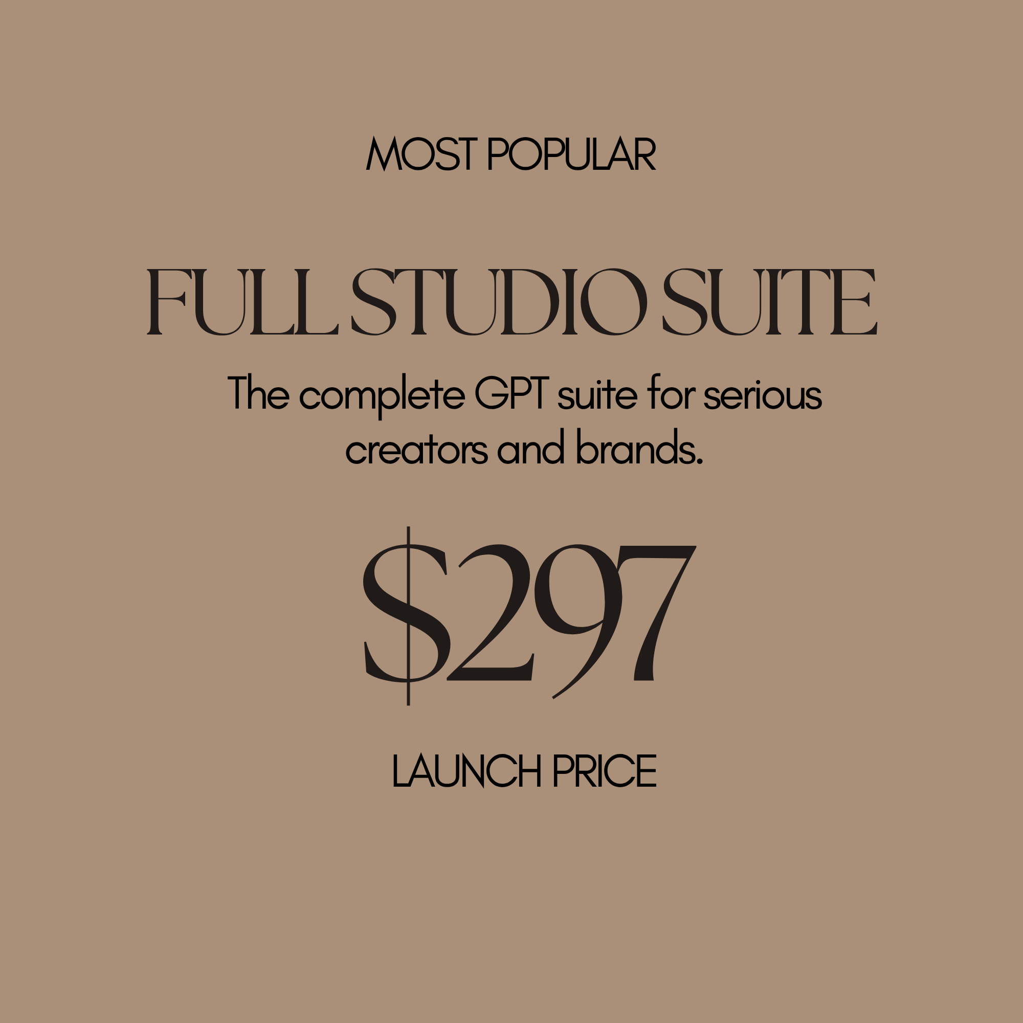 Text promoting the Full Studio Suite, stating 'Most Popular,' 'Launch Price,' and pricing information of $297.