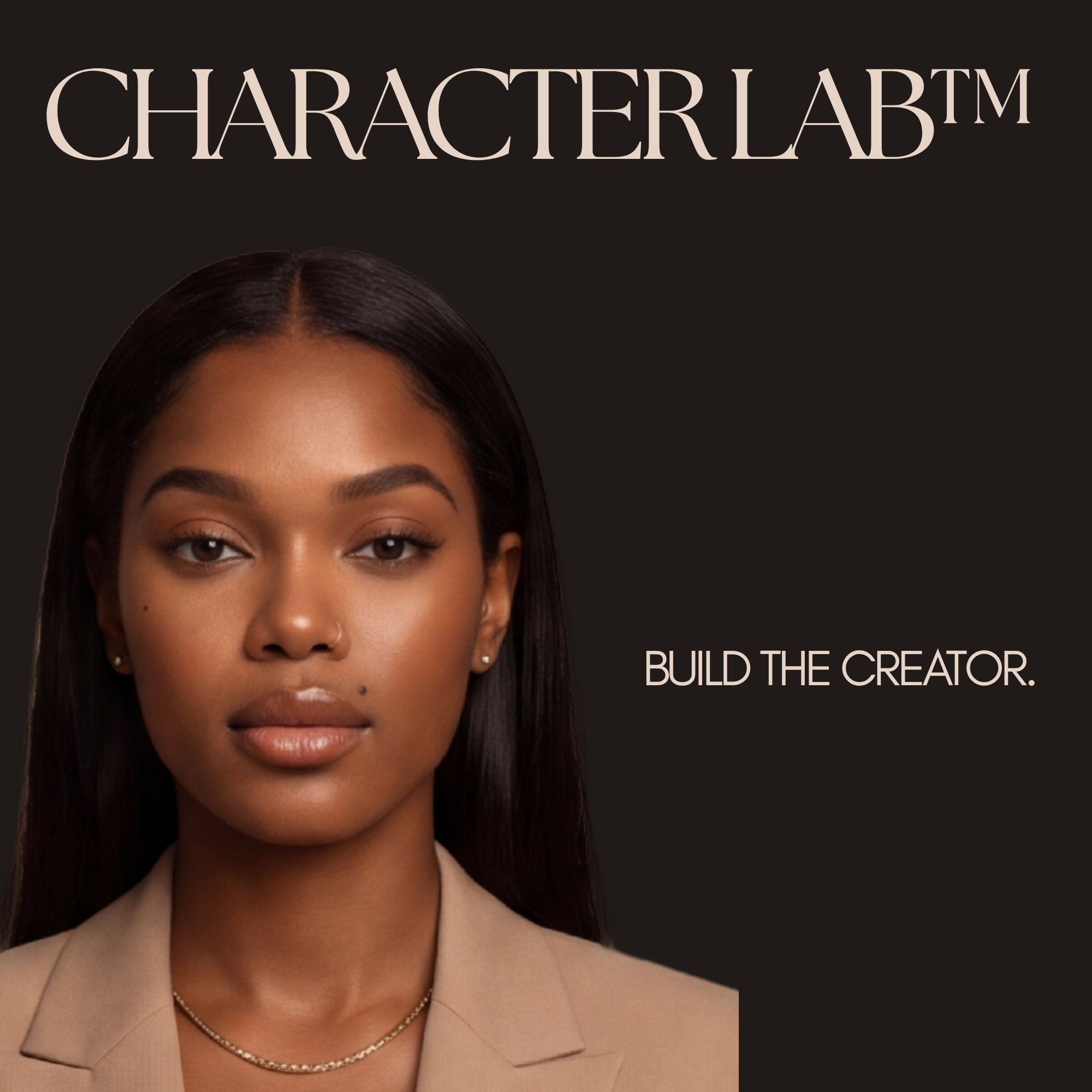 Close-up of woman with long dark hair, wearing beige blazer, gold chain necklace, and earrings, with text 'Build the Creator' visible on dark background.
