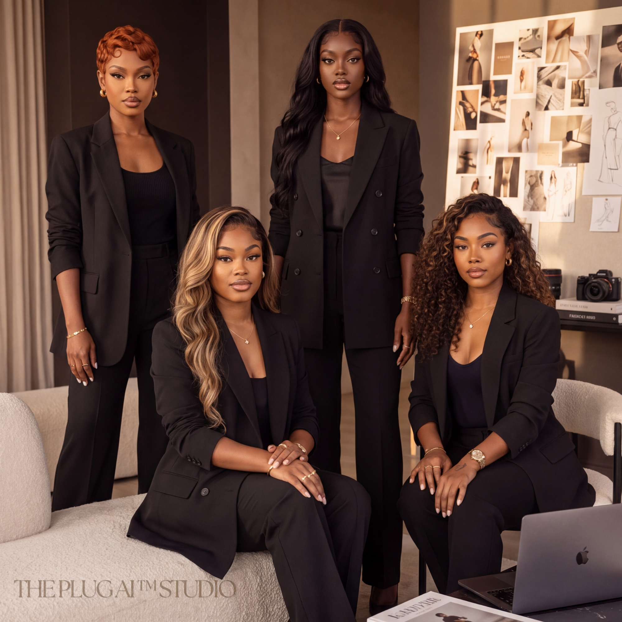 Four women dressed in black suits pose in a modern office. Two women are standing at the back, and two are sitting. Behind them, there is a whiteboard with photographs and sketches pinned to it. A camera and a stack of magazines are on a table in the foreground.
