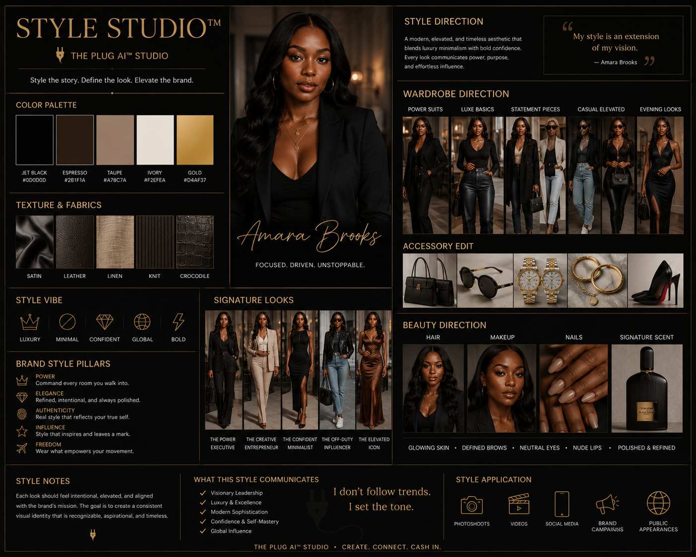 A digital style profile for Amara Brooks showing wardrobe options, accessories, makeup, hair, signature looks, and style notes, with a portrait of a woman dressed in black, gold and neutral tones.