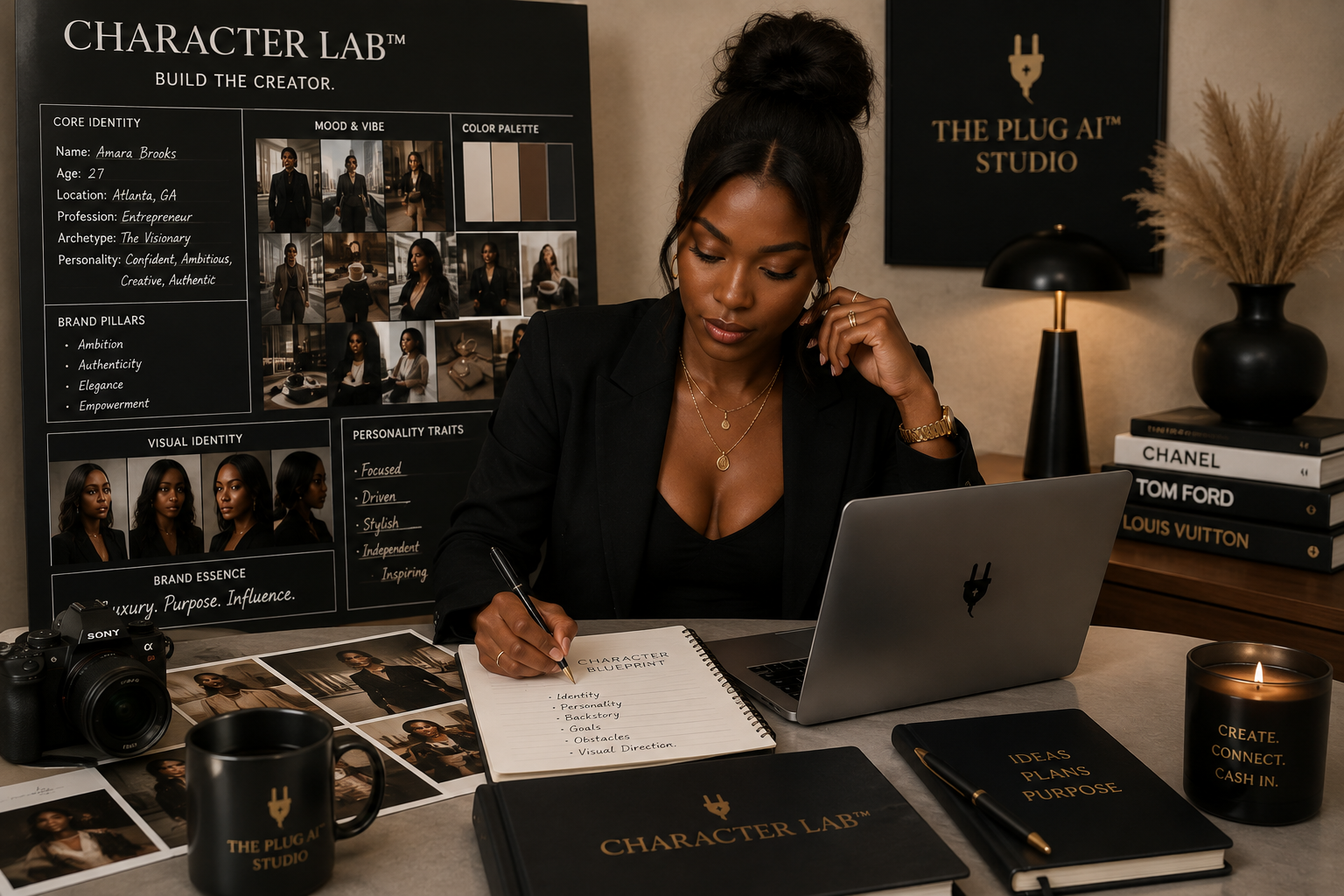 A woman sitting at a desk working on character development for a project, with a large character profile board on the wall behind her, books on luxury brands on a side table, a camera, and a lit candle on the desk.
