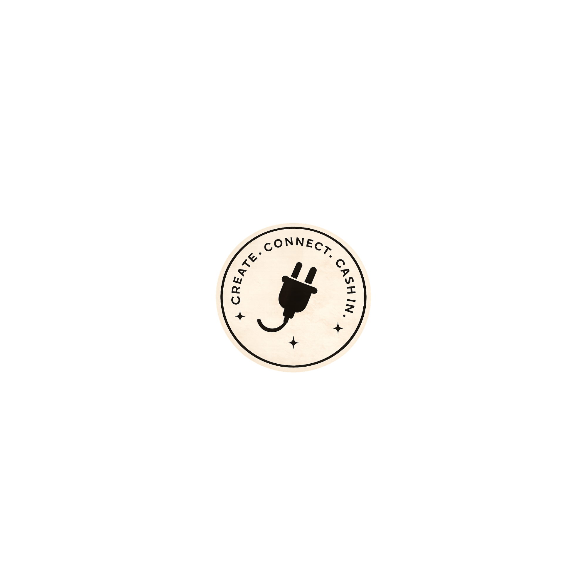 A circular logo with a black and white color scheme featuring a power plug icon at the center, surrounded by words 'Create,' 'Connect,' and 'Cash'.