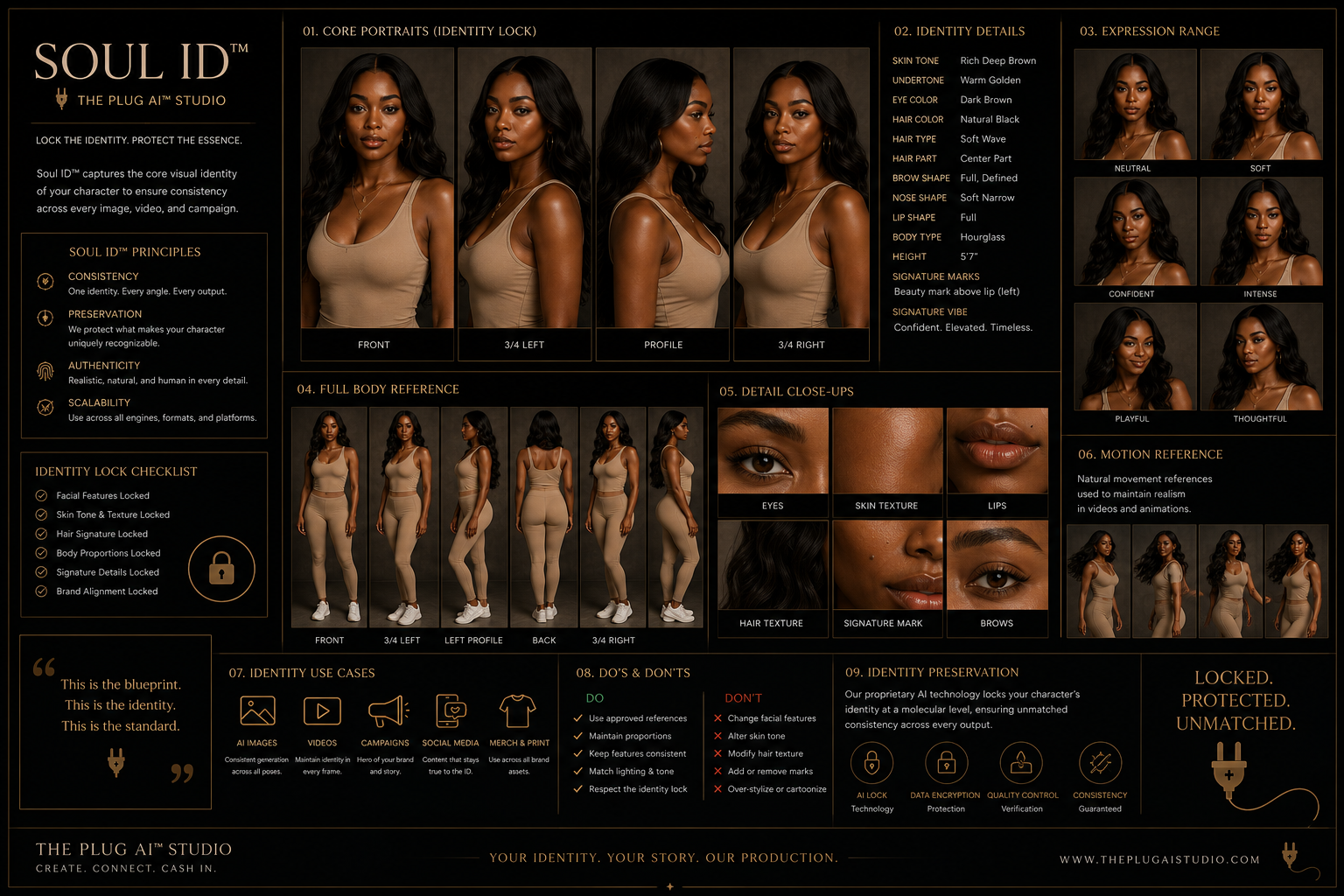 A detailed graphic table guiding digital portrait identity creation, featuring facial and body measurements, expression options, and usage guidelines for a virtual AI-powered character. Shows model photos, profile views, close-ups, and checklists for identity lock and preservation.