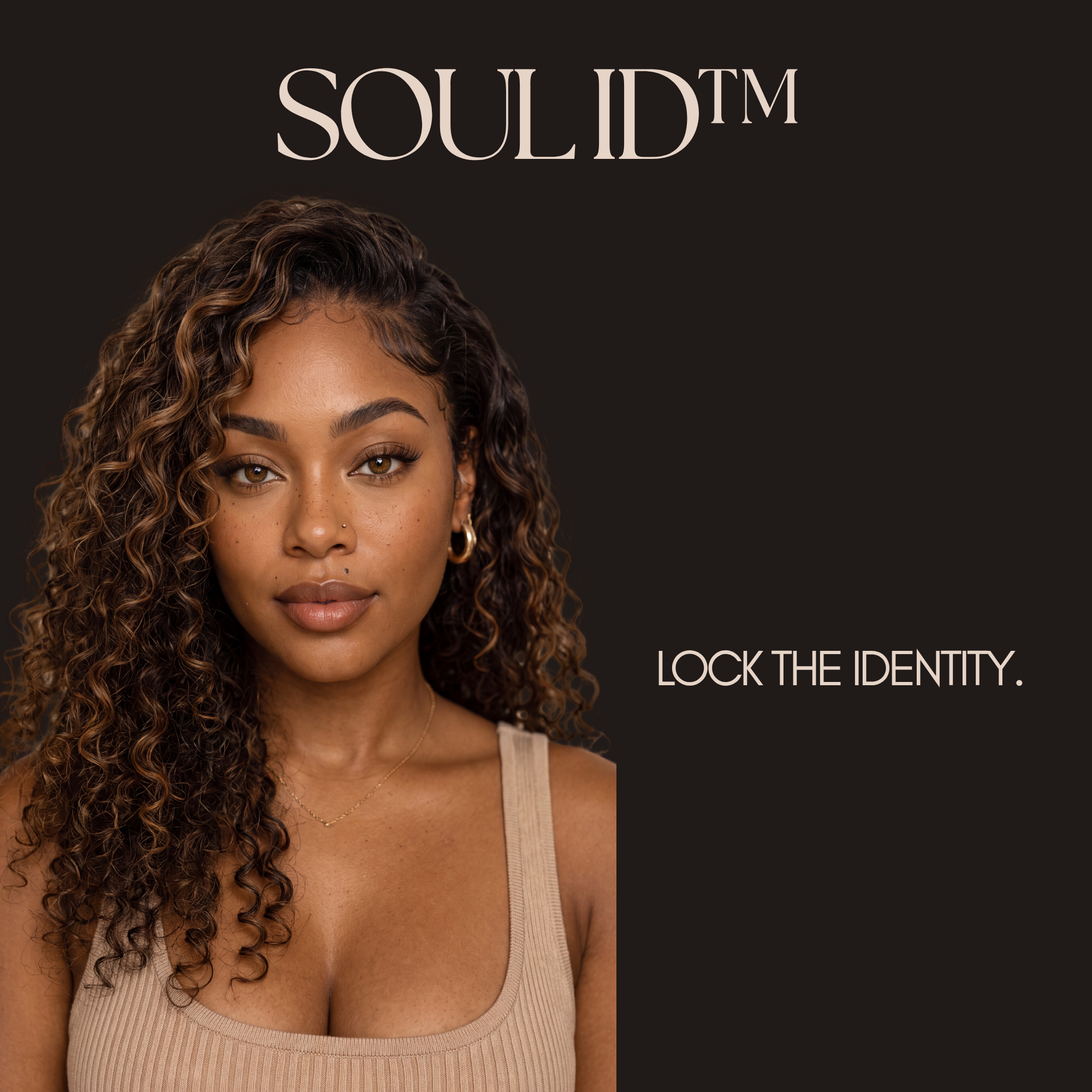 Close-up of a woman with curly hair, wearing a beige tank top, with text 'LOCK THE IDENTITY' on a black background.