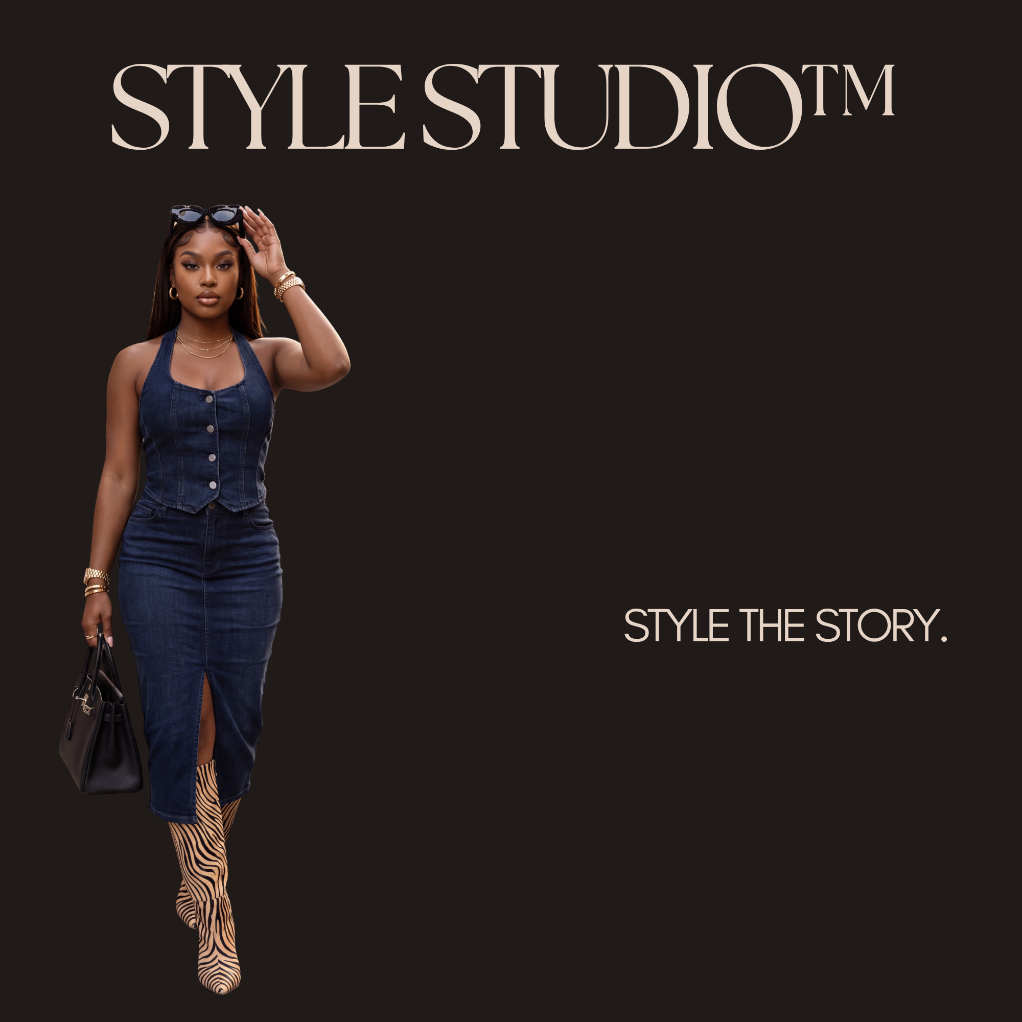 Fashion advertisement featuring a woman in denim overalls, zebra print shoes, and accessories, with the text 'STYLE THE STORY' and 'STYLESSTUDIO™'.