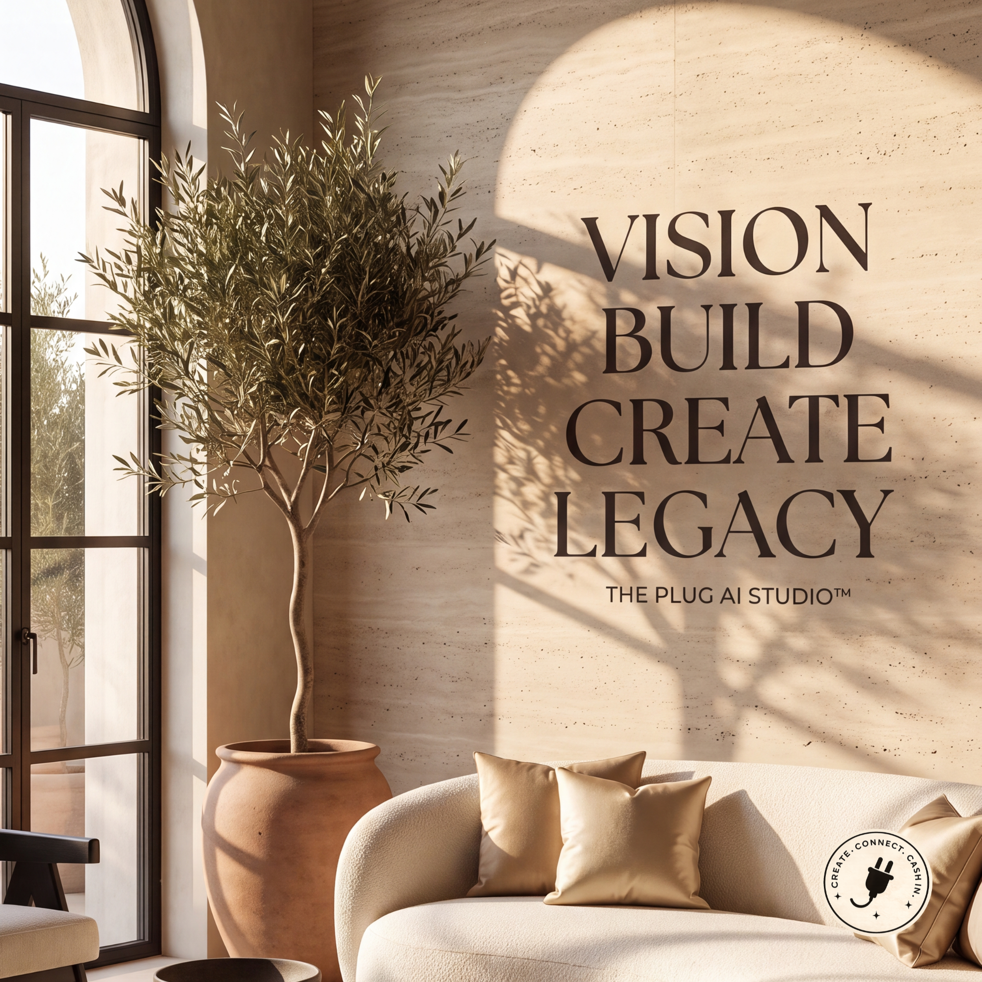 Interior of a modern lobby with large potted tree, beige chairs with cushions, a wall with the words "VISION BUILD CREATE LEAD" and a large window letting in sunlight.