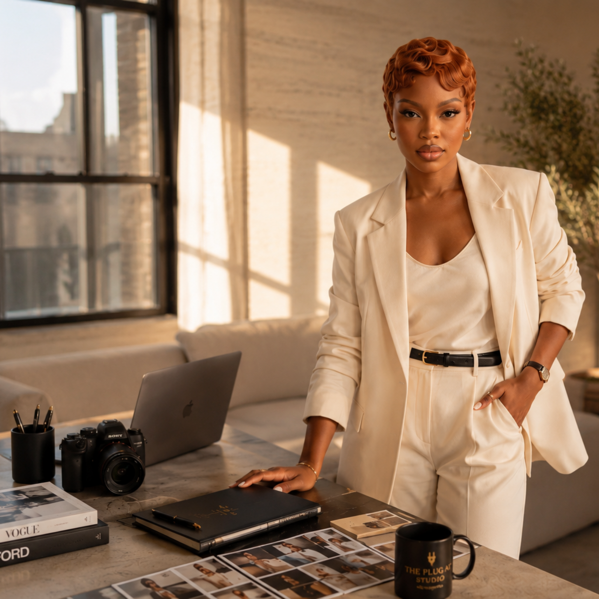 A woman with short, curly red hair and wearing a cream blazer and matching pants stands in a well-lit office or studio, leaning on a table with her left hand resting on photography contact sheets. The table has various photography books and magazines, including Vogue, and printing photos of models. There are also a camera, a lens, and a branded black mug that reads 'The Plug and Studio' on the table. The background features a large window with sunlight streaming in, beige curtains, and potted plant decorations.