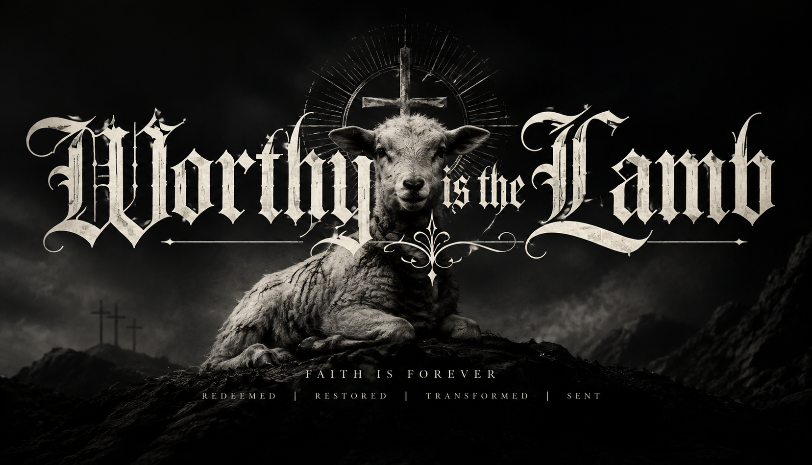 Worthy Is the Lamb Christian clothing graphic featuring the Lamb of God, gothic lettering, crosses and the message “Faith Is Forever.”