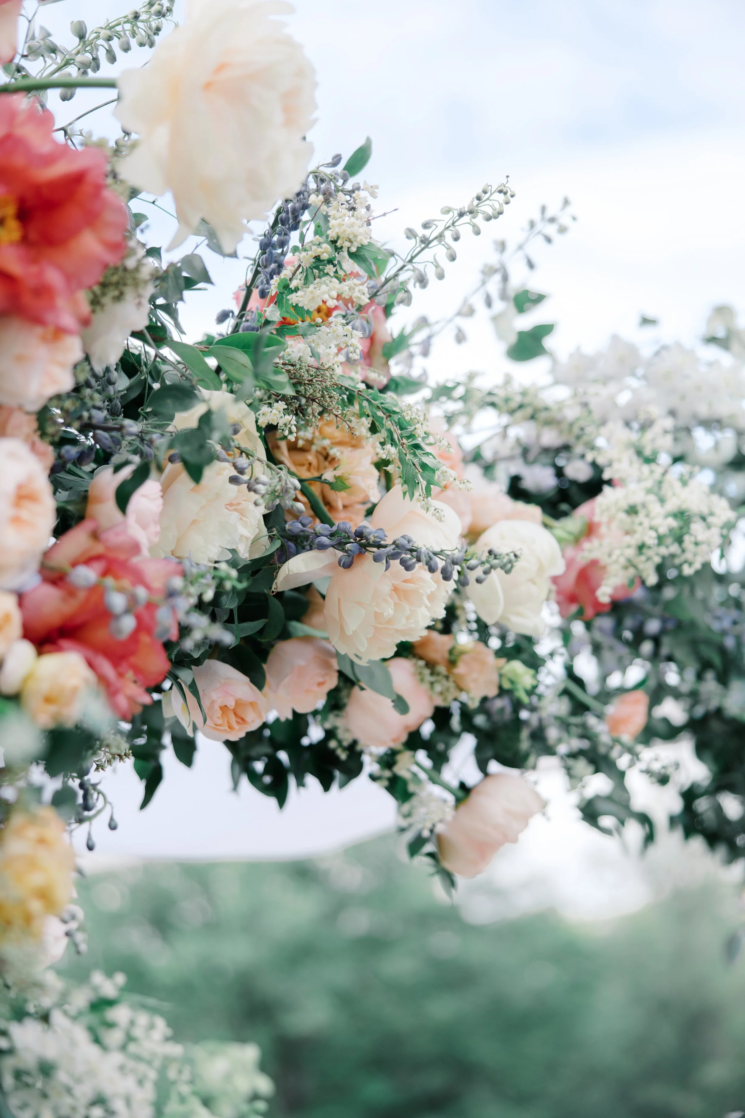Close-up of peach and coral garden roses and wildflowers on a wedding ceremony arch