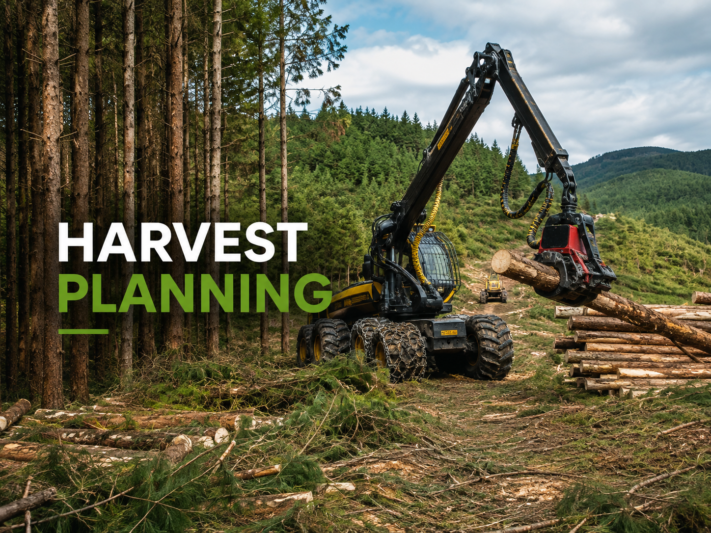 Forestry harvesting operation with harvesting machinery working in a New Zealand plantation forest
