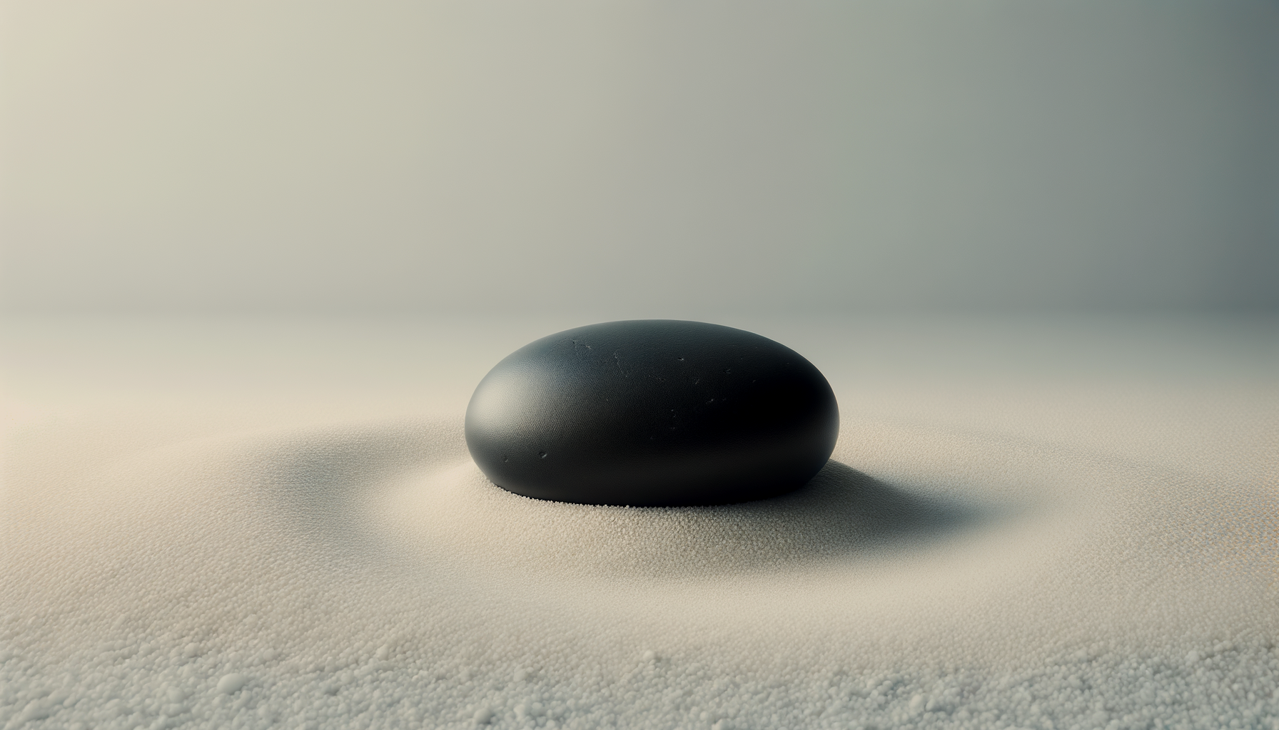 A smooth black stone resting on a bed of tiny white particles, with a plain, softly gradient background.