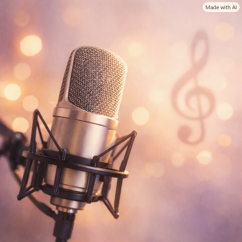 A professional studio microphone on a stand in front of a pinkish background with bokeh lights and a faint treble clef symbol.