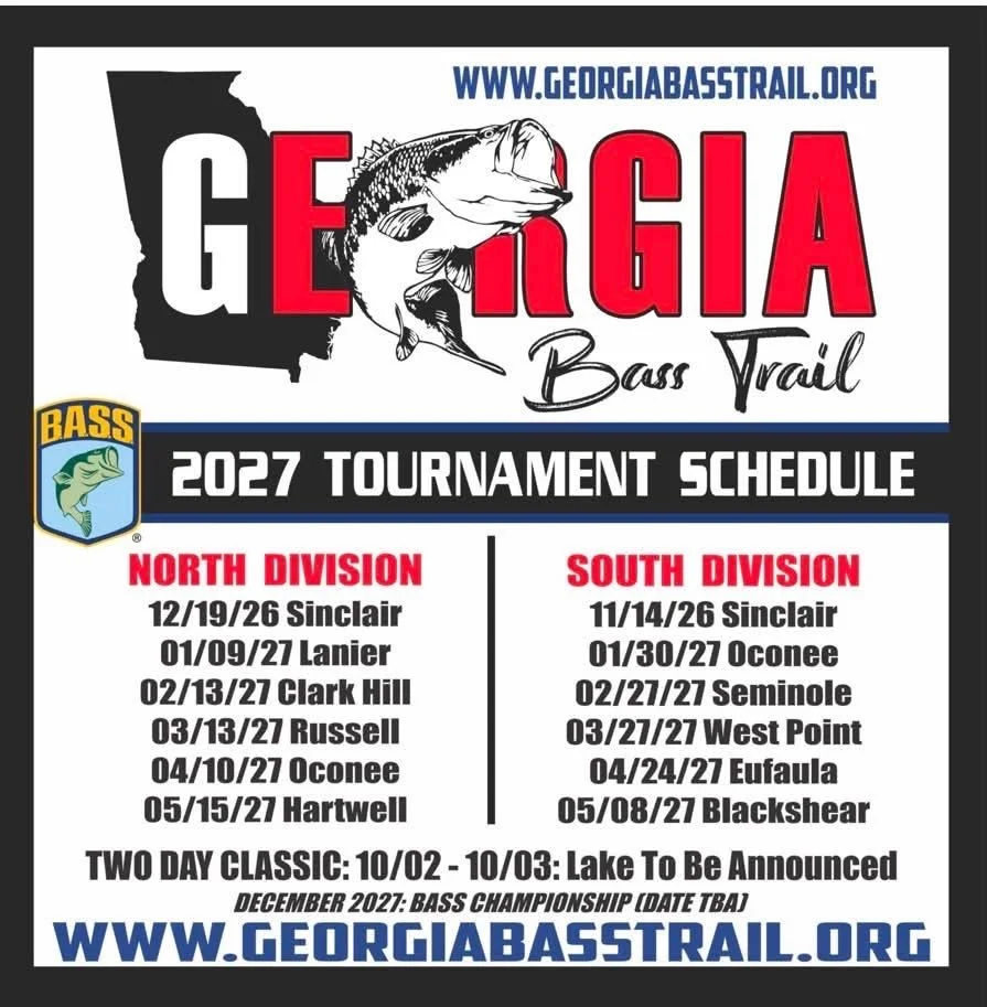Georgia Bass Trail 2027 tournament schedule with dates for North and South divisions, featuring logos, website, and a fish illustration.