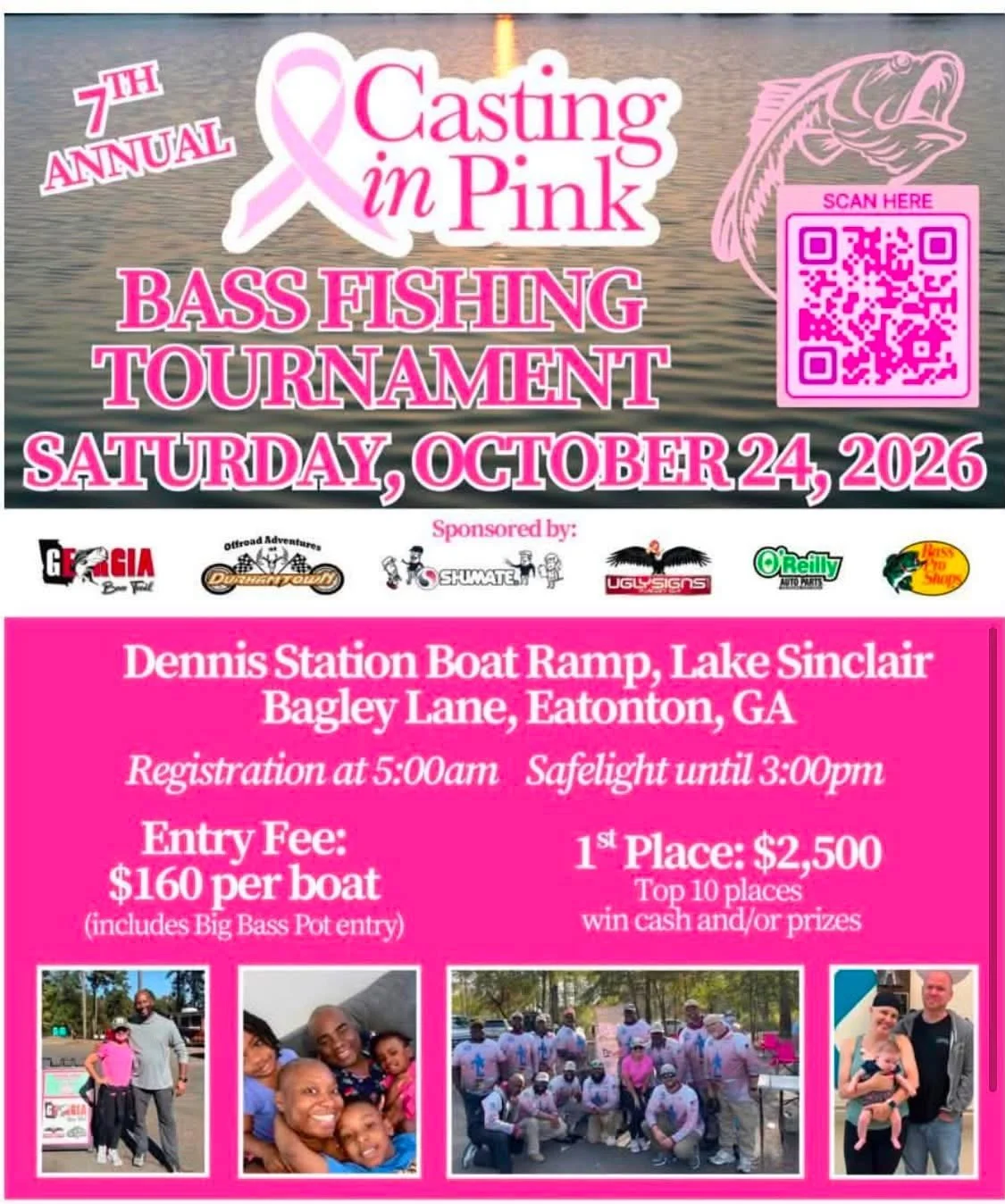 Flyer for the 7th Annual Casting in Pink Bass Fishing Tournament on Saturday, October 24, 2026, at Dennis Station Boat Ramp, Lake Sinclair, Georgia. Includes event details, sponsors, and photos of participants.