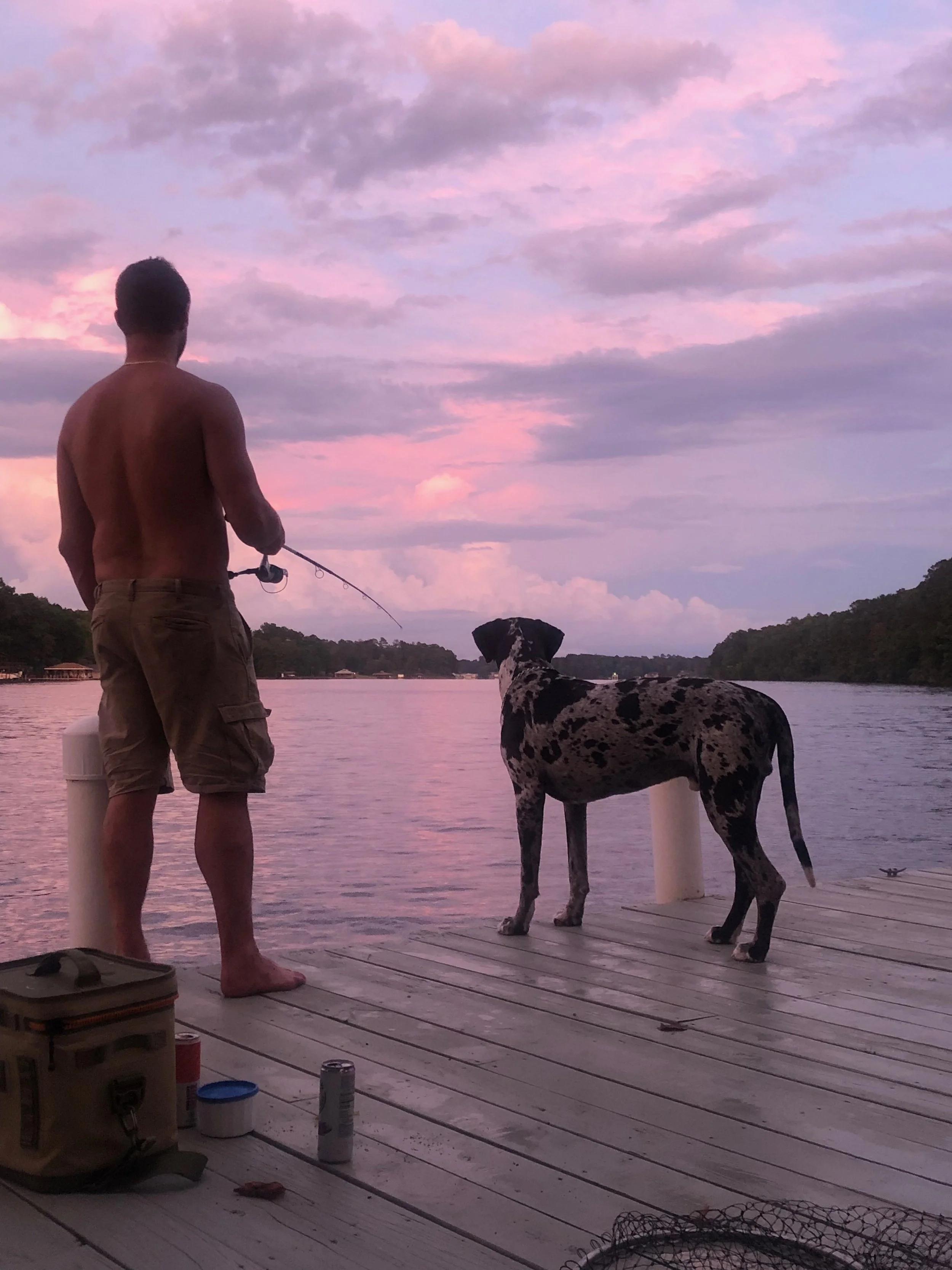 A man with dark hair, shirtless, wearing brown shorts, standing on a dock fishing with a rod by a river at sunset. Next to him, a Dalmatian dog also looking out over the water. The sky is painted with pinks and purples, and there are trees and hills in the background.