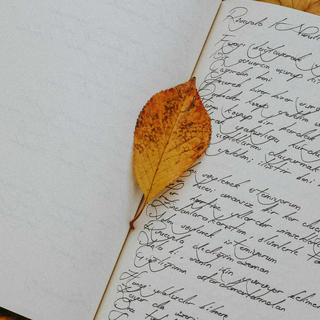 orange leaf sitting on center of open journal