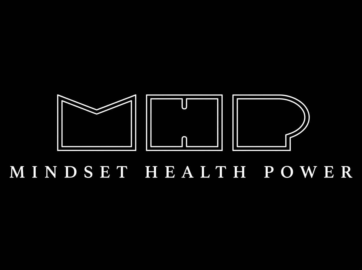 The logo features the word 'MHP' in stylized white outline letters on a black background, with the words 'MINDSET HEALTH POWER' in white capital letters below the logo.