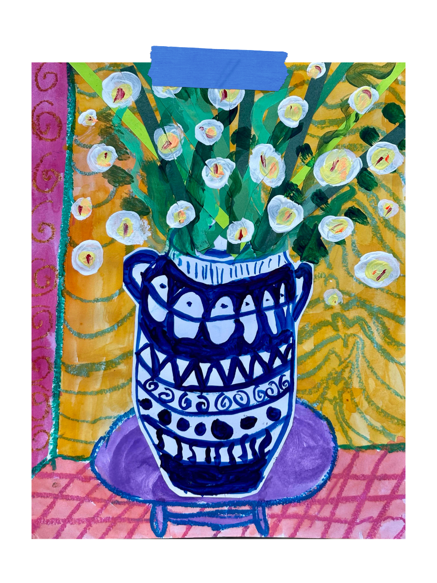 Colorful painting of white calla lilies in a blue patterned vase on a pink table against a yellow background with pink, green, and purple accents.