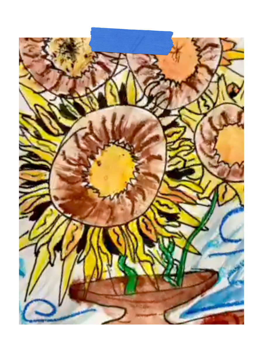 Children's drawing of a sunflower in a pot with large sunny flowers around it, and blue sky and clouds in the background.