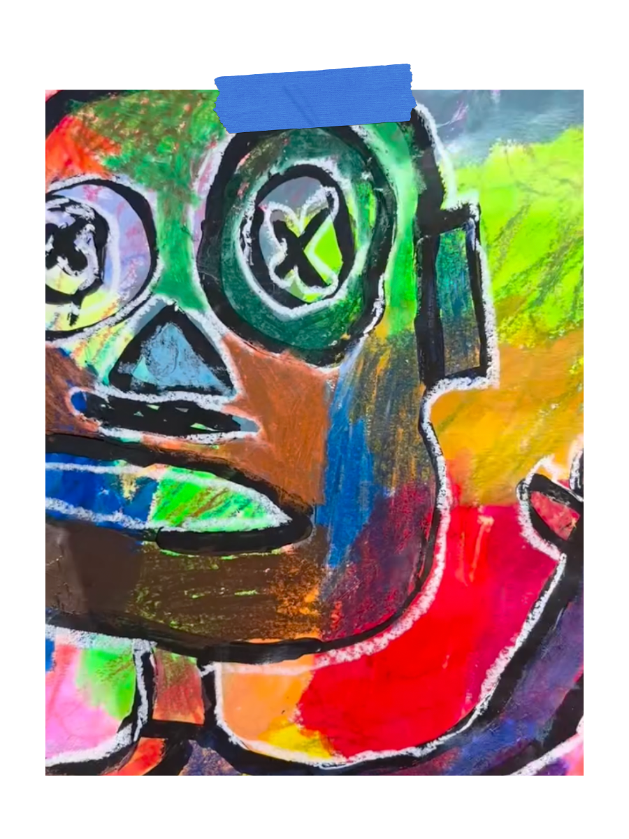 Colorful abstract painting depicting a stylized face with large eye, nose, and red tongue, outlined in black.